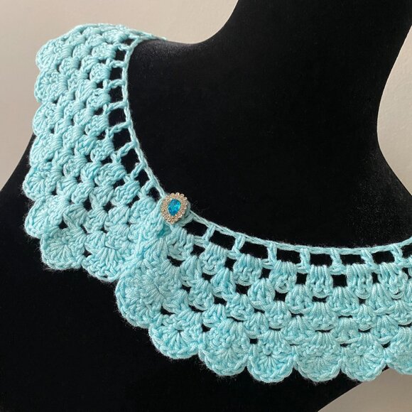 Handmade Crochet Blue Bamboo Rayon Cotton Wide Neck Collar Neckwear Accessory - Picture 2 of 6